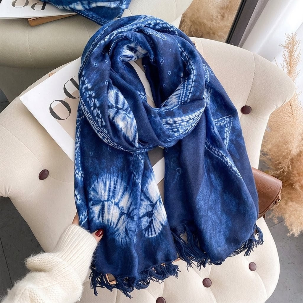Ethnic Tie-Dye Style Buckle Women's Travel Sun Protection Yunnan Blue and White Literature Art Chinese Big Size Scarf / Hijab