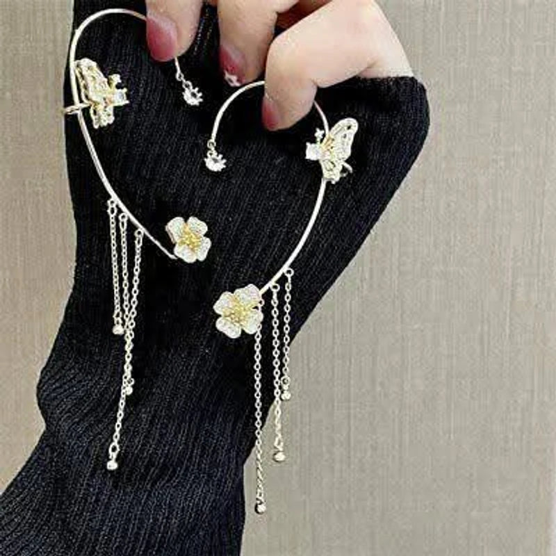 Stunning Sparkling Crystal Flower Ear Cuff Without Piercing Clip Earrings Irregular Tassel Ear Clip ( 1 Pair)