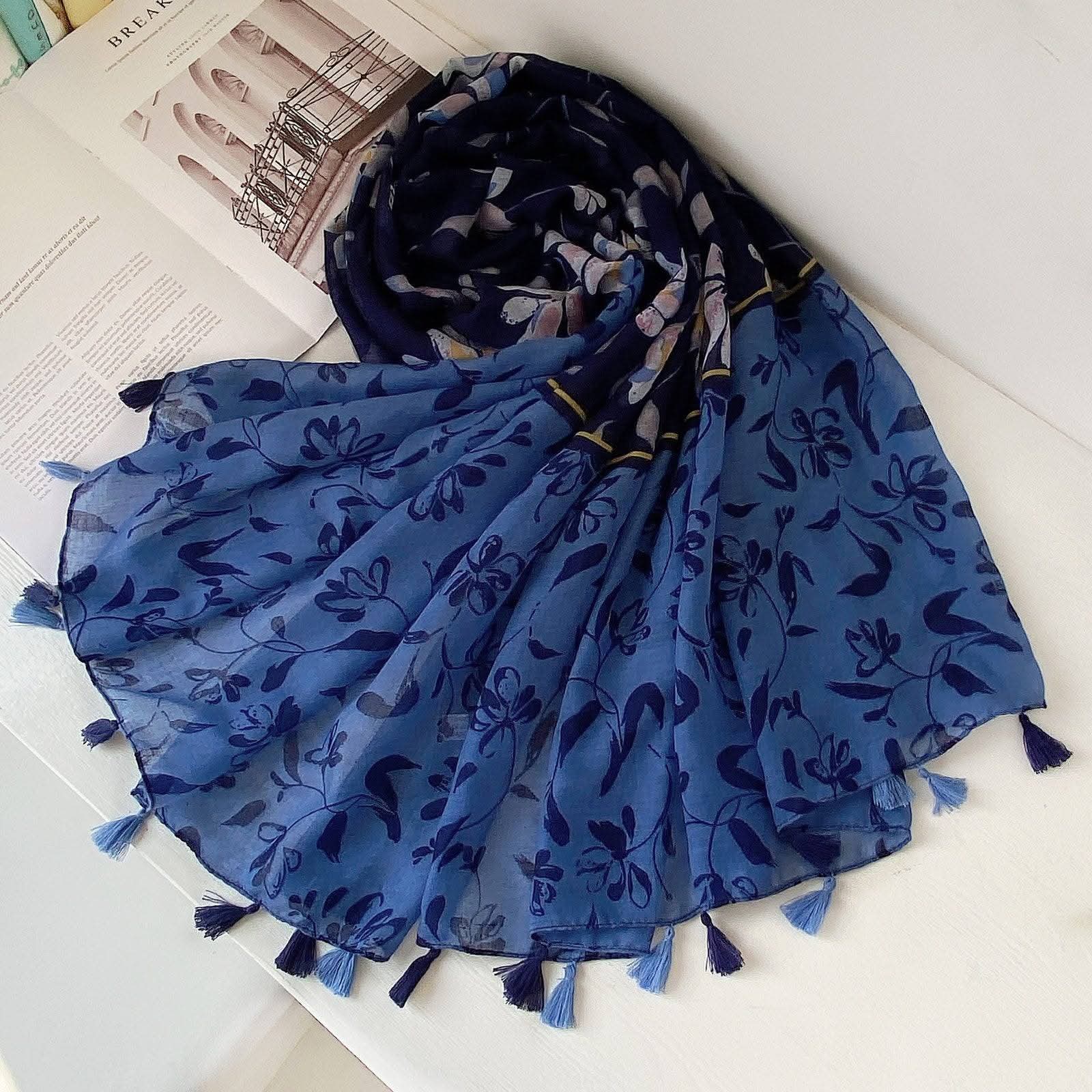 Blue black mixed floral printed tassel soft breathable long hijab / orna