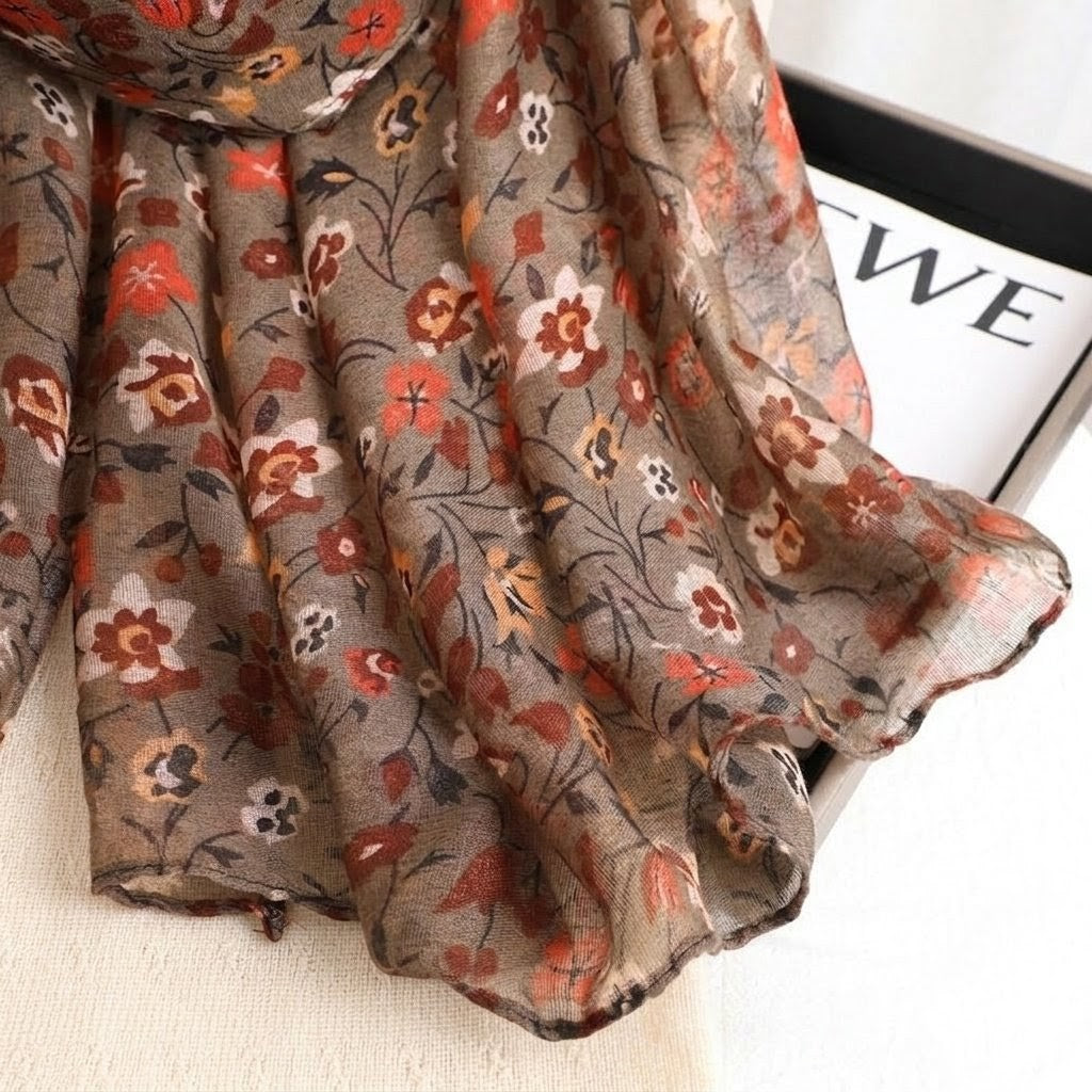 Stylish Khaki Color Floral Patterned Soft Lightweight Long Hijab / Orna