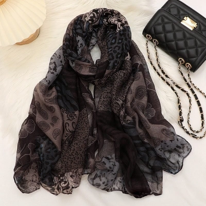 Classy Grey & Black Color Leopard Printed Imported Skin-friendly Long Hijab / Orna