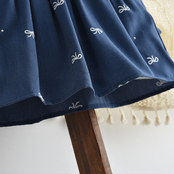 Imported Baby Girl Flower Embroidered Blue Color Lapel New Baby Girl Long-Sleeved Pullover Princess Dress