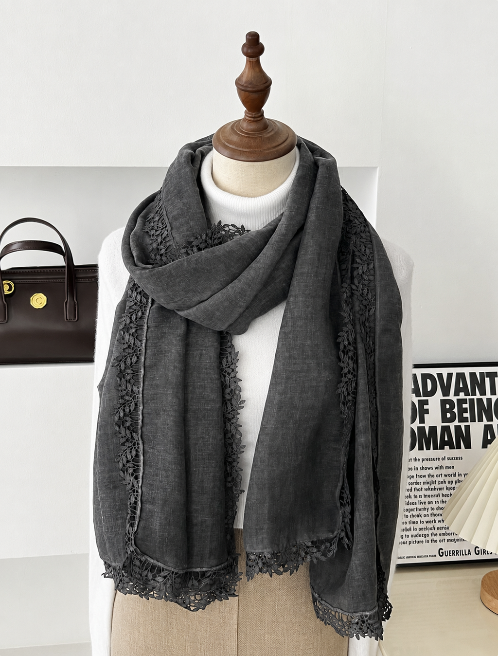 Elegant Dark Grey Artistic Lace Edged Imported Premium Summer Friendly Cotton Hijab / Orna
