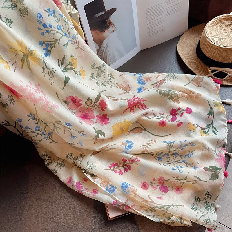 Imported Multicolored Floral Printed Super Soft Long Tassel Hijab / Orna
