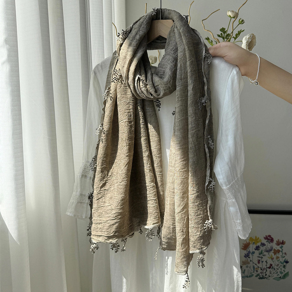 Beautiful Khaki Summer-Friendly Long Cotton Imported Hijab Finished With Hanging Leaves Tassel Fringes Along The Borders