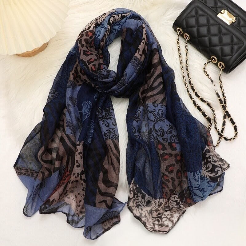 Elegant Blue Color Leopard Printed Imported Skin-friendly Long Hijab / Orna