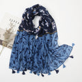 Blue black mixed floral printed tassel soft breathable long hijab / orna