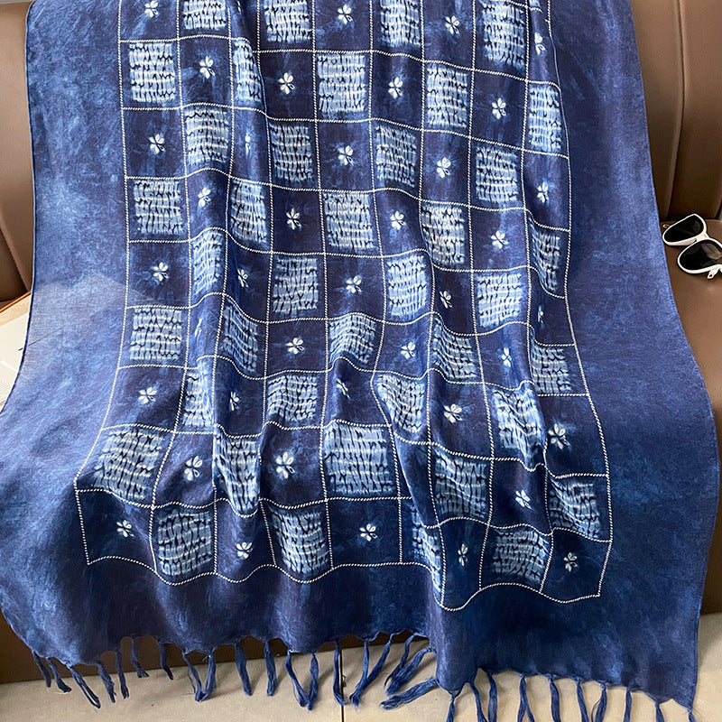 Ethnic Tie-Dye Style Buckle Women's Travel Sun Protection Yunnan Blue and White Literature Art Chinese Scarf / Hijab