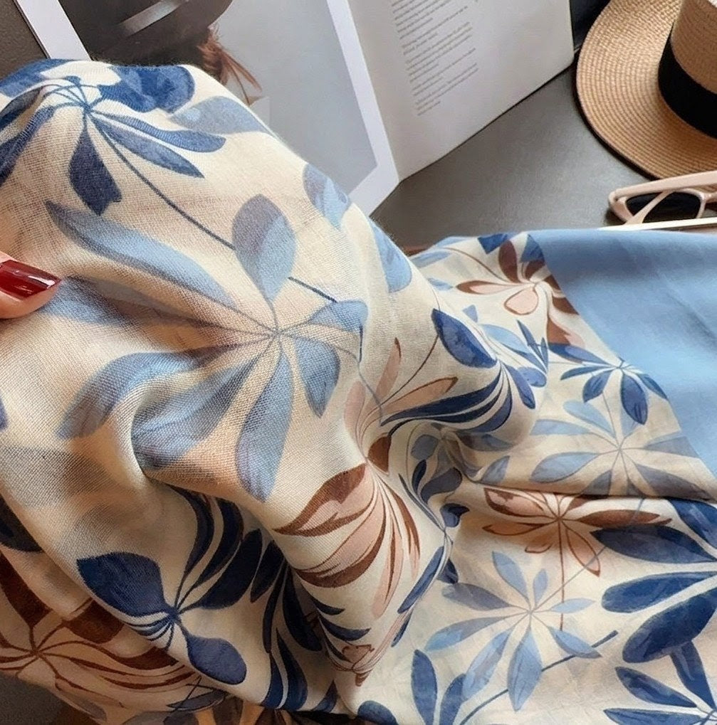 Imported sky blue floral printed tassel cotton hijab / orna