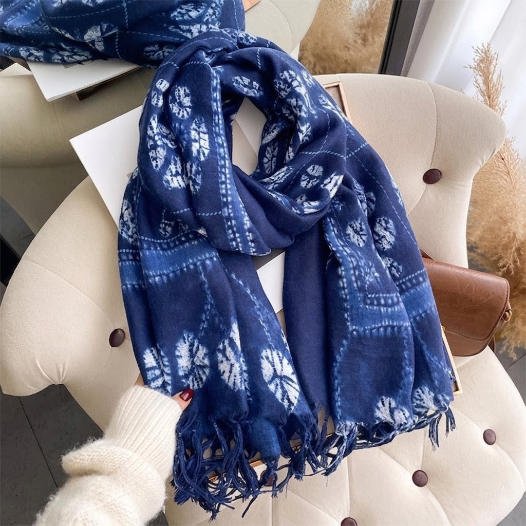 Ethnic Tie-Dye Style Buckle Women's Travel Sun Protection Yunnan Blue and White Literature Art Chinese Big Size Scarf / Hijab