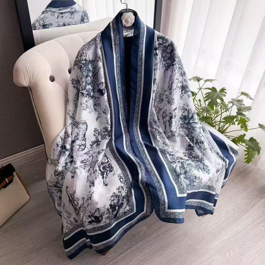 Elegant navy blue printed long silk hijab