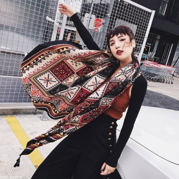 Classy Coffee Color Ethnic Style Printed Summer Friendl Long Tassel Hijab / Orna