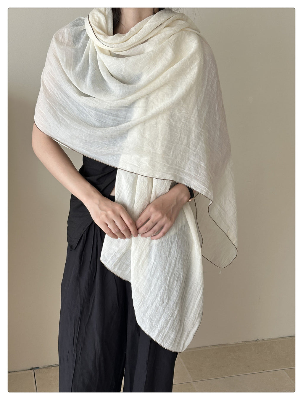 Sophisticated Milky White Japanese-Style Imported Summer Friendly Long Wrinkled Cotton Hijab / Orna