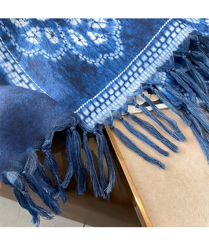 Ethnic Tie-Dye Style Buckle Women's Travel Sun Protection Yunnan Blue and White Literature Art Chinese Scarf / Hijab