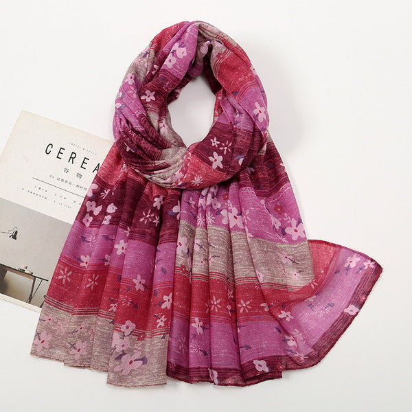 Pretty Rose Red Japanese Style Classic Contrast Color Printing Striped Sunscreen Ethnic Style Floral Women's Vintage Imported Long Cotton Hijab / Orna