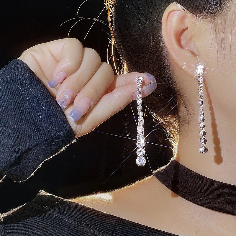 Elegant crystal long tassel earrings