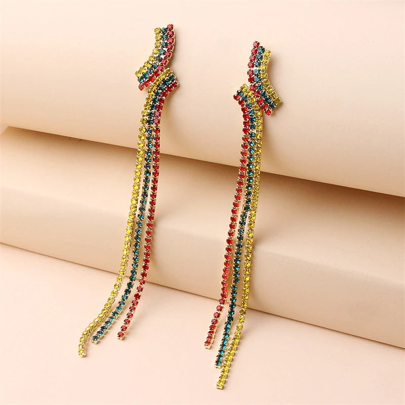 Colorful Rhinestone Long Tassel Earrings