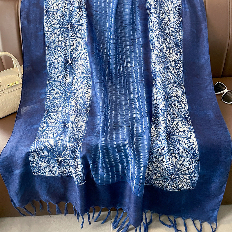 Ethnic Tie-Dye Style Buckle Women's Travel Sun Protection Yunnan Blue and White Literature Art Chinese Big Size Scarf / Hijab