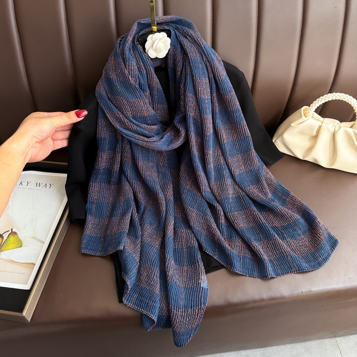 Elegant Navy Blue Color Imported Double-Sided Plaid Cotton Scarf with Gold Thread Decorative Casual Versatile Striped