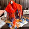 Floral & Botanical patterned orange color long silk scarf