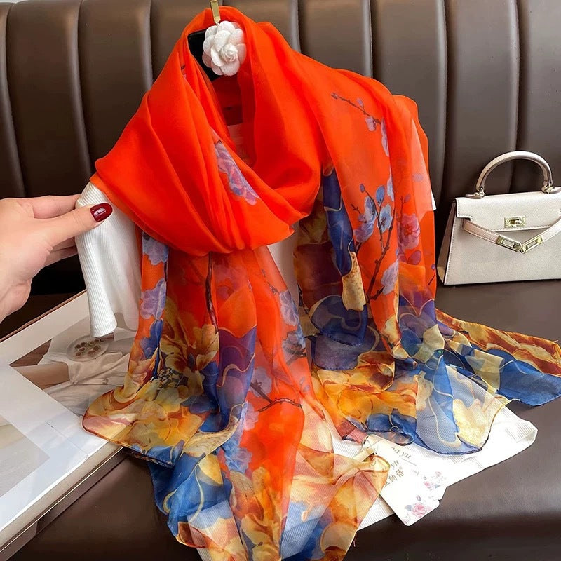 Floral & Botanical patterned orange color long silk scarf