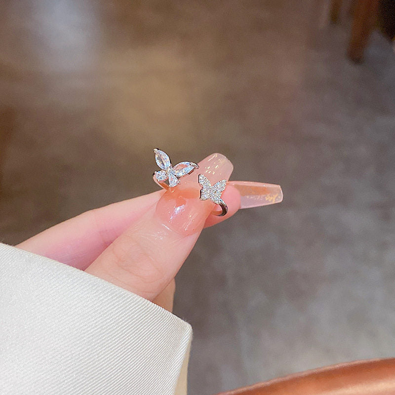 Classy High Quality Korean Style Exquisite Zircon Ring Ring Women's Opening Adjustable Dieting Finger Ring Light Luxury Niche Personalized Design Imported Adjustable Silver Butterfly Ring