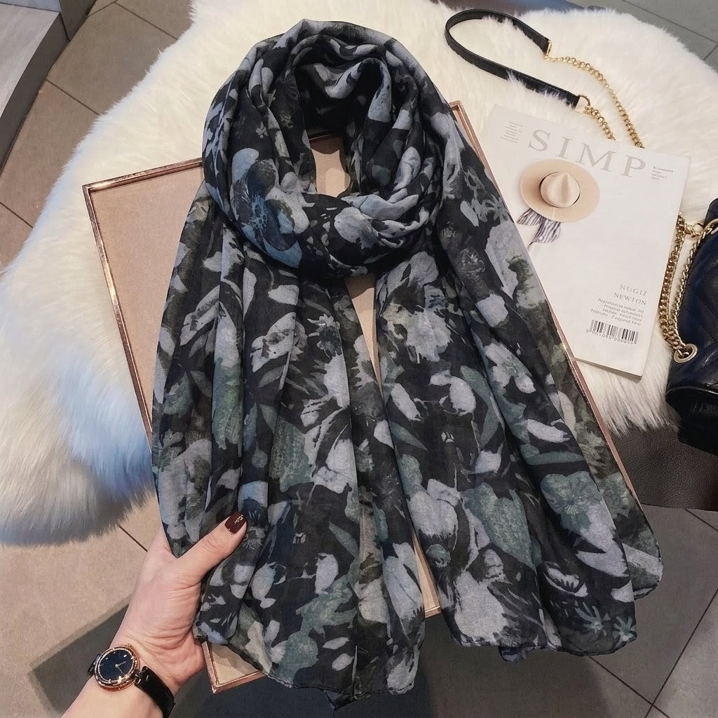 Elegant Black Color Floral Patterned Soft Lightweight Long Hijab / Orna