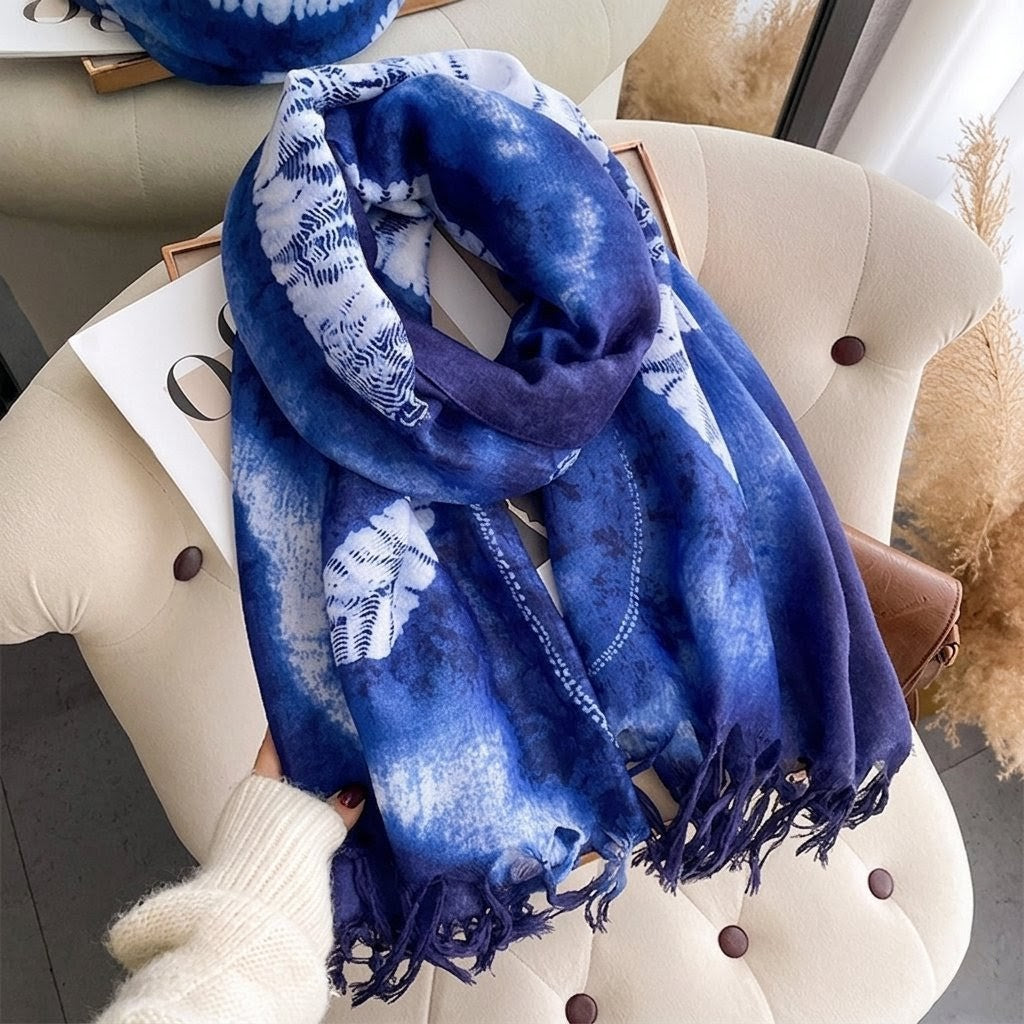 Ethnic Tie-Dye Style Buckle Women's Travel Sun Protection Yunnan Blue and White Literature Art Chinese Big Size Scarf / Hijab