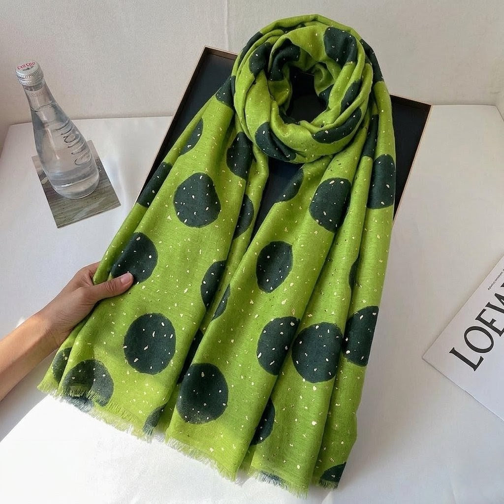 Polka Dot Printed Bronzing Green Color High Quality Imported Long Soft Party Hijab / Orna