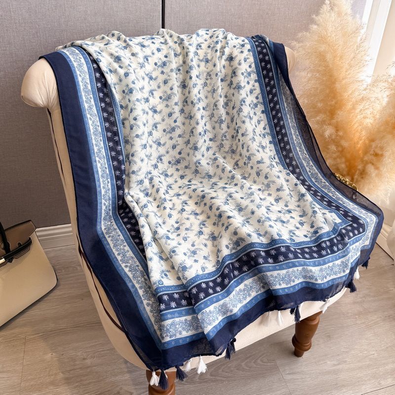 Exquisite White Blue Floral Printed Long Soft Imported Summer Friendly Tassel Hijab / Orna