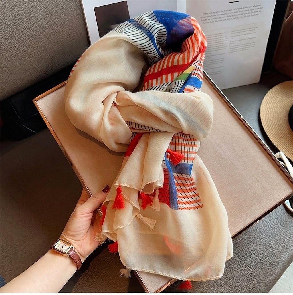 Multicoloured Striped Printed Imported Tassel Long Soft Hijab / Orna