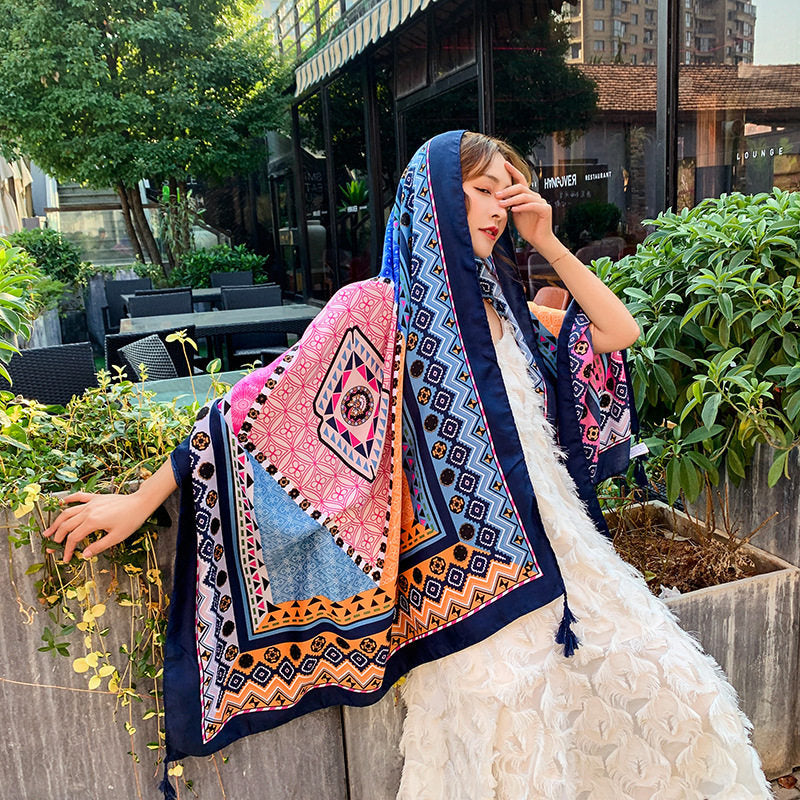 Multicolor Ethnic Style Printed Long Tassel Hijab / Orna