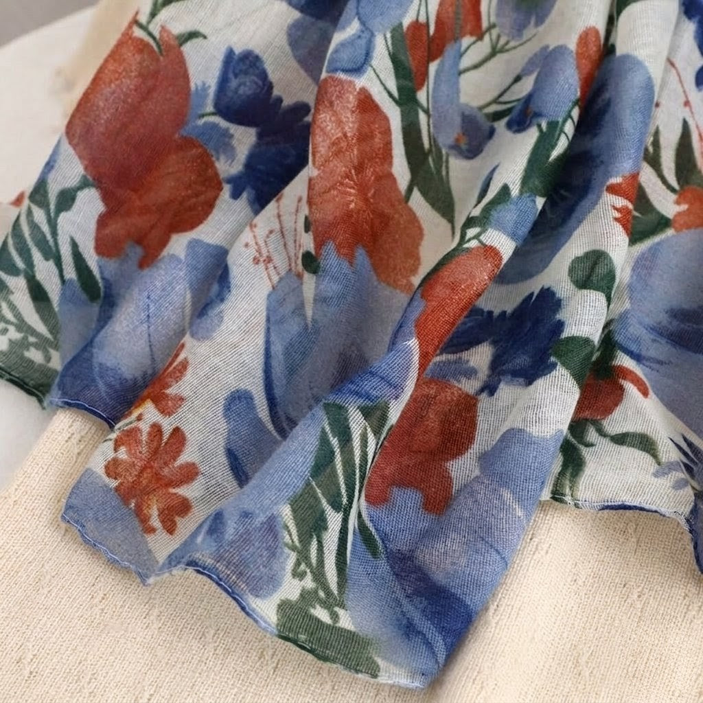 Stylish Blue Color Floral Patterned Soft Lightweight Long Hijab / Orna