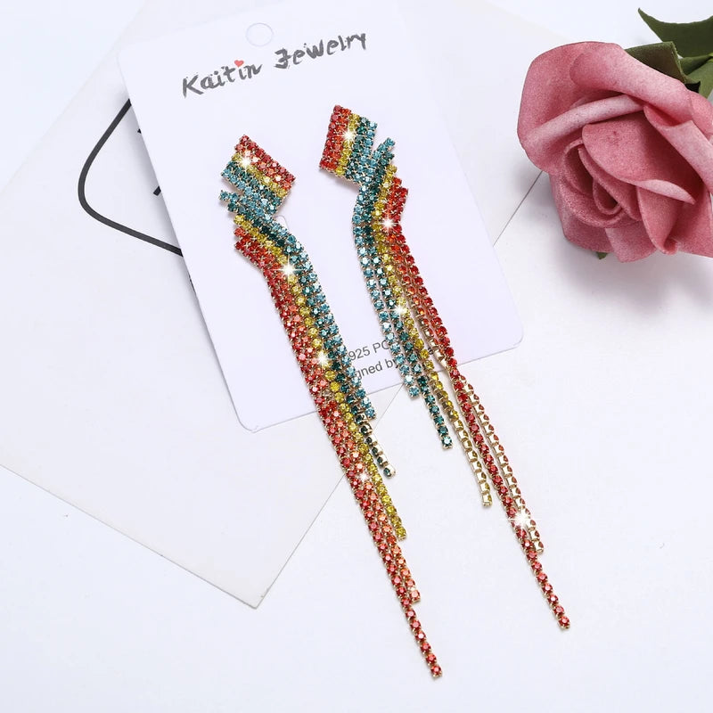 Colorful Rhinestone Long Tassel Earrings