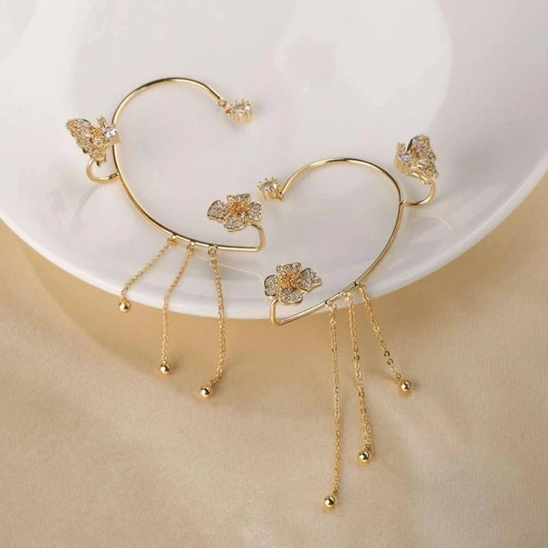 Stunning Sparkling Crystal Flower Ear Cuff Without Piercing Clip Earrings Irregular Tassel Ear Clip ( 1 Pair)