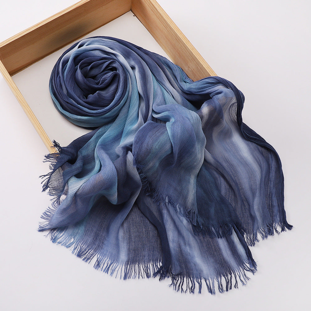 Elegant Navy Blue High Quality Tudung Rayon Cotton Scarf Women Girl Ombre Striped Imported Long Crinkle Breathable Printed Hijab / Orna