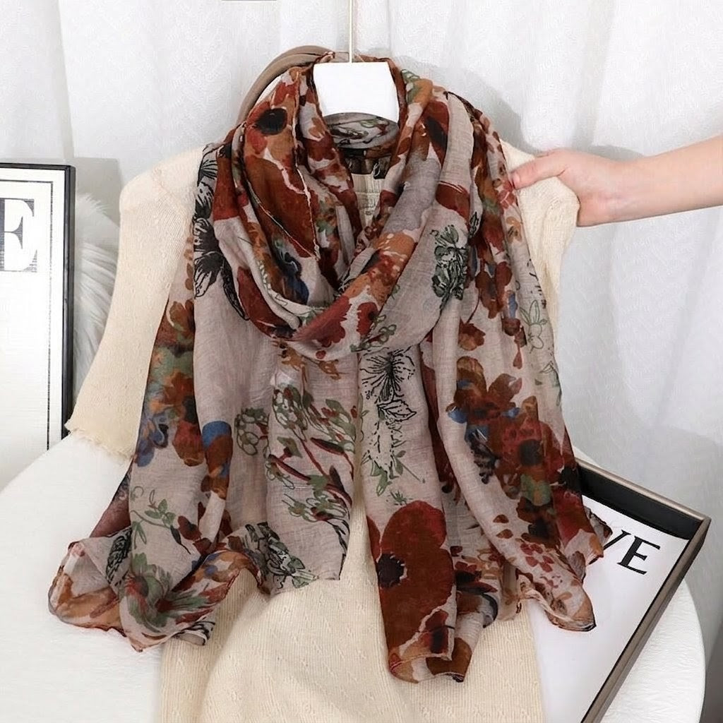 Elegant Khaki Color Floral Printed Soft Lightweight Long Hijab / Orna