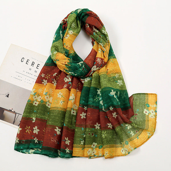 Beautiful Green Yellow Japanese Style Classic Contrast Color Printing Striped Sunscreen Ethnic Style Floral Women's Vintage Imported Long Cotton Hijab / Orna