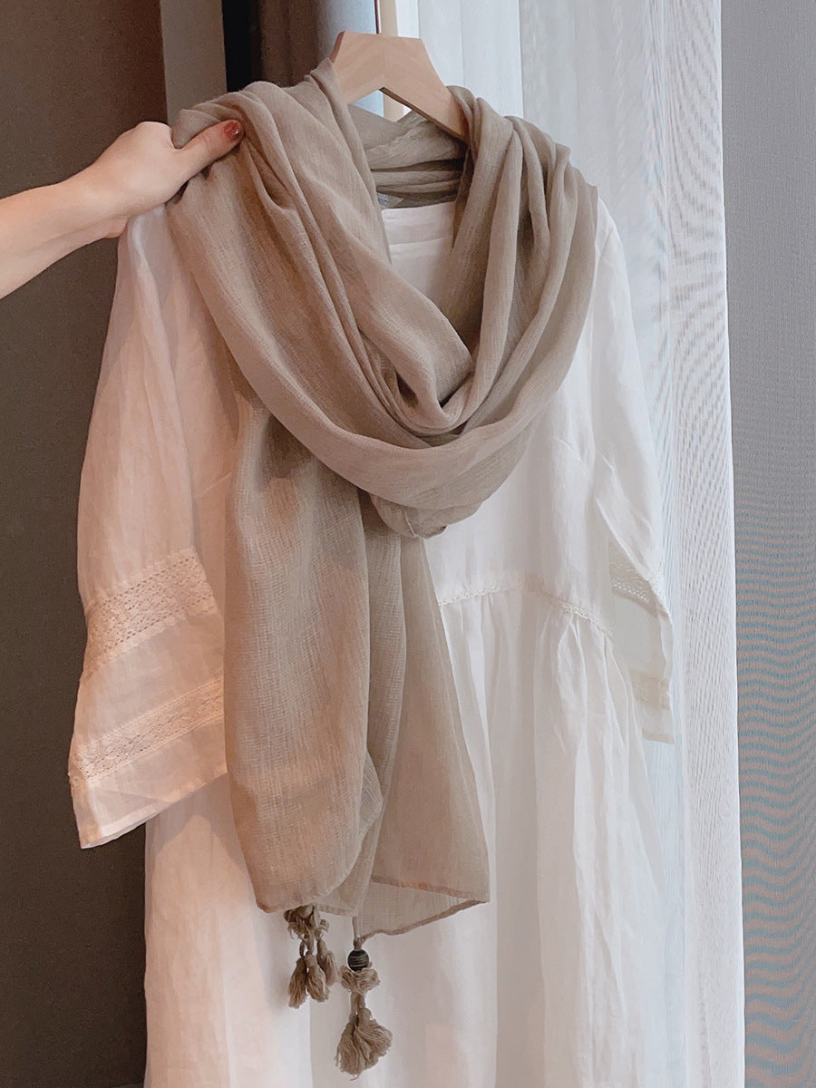 Stylish Light Brown Soft Long Summer Friendly Imported Wooden Bead Tassel Cotton Hijab / Orna