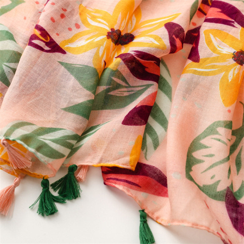 Beautiful Peach Color Floral Printed Imported Summer Friendly Long Tassel Hijab / Orna
