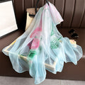 Multicoloured Floral Lotus Printed Imported Long Transparent Silk Scarf / Orna