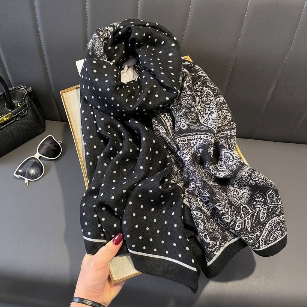 Polka dot & paisley printed cotton scarf
