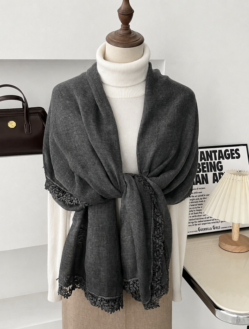 Elegant Dark Grey Artistic Lace Edged Imported Premium Summer Friendly Cotton Hijab / Orna