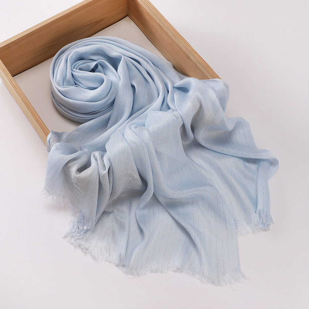 Elegant Sky Blue High Quality Rayon Golden Striped Muslim Women's Shiny Soft Breathable Imported Long Hijab / Orna