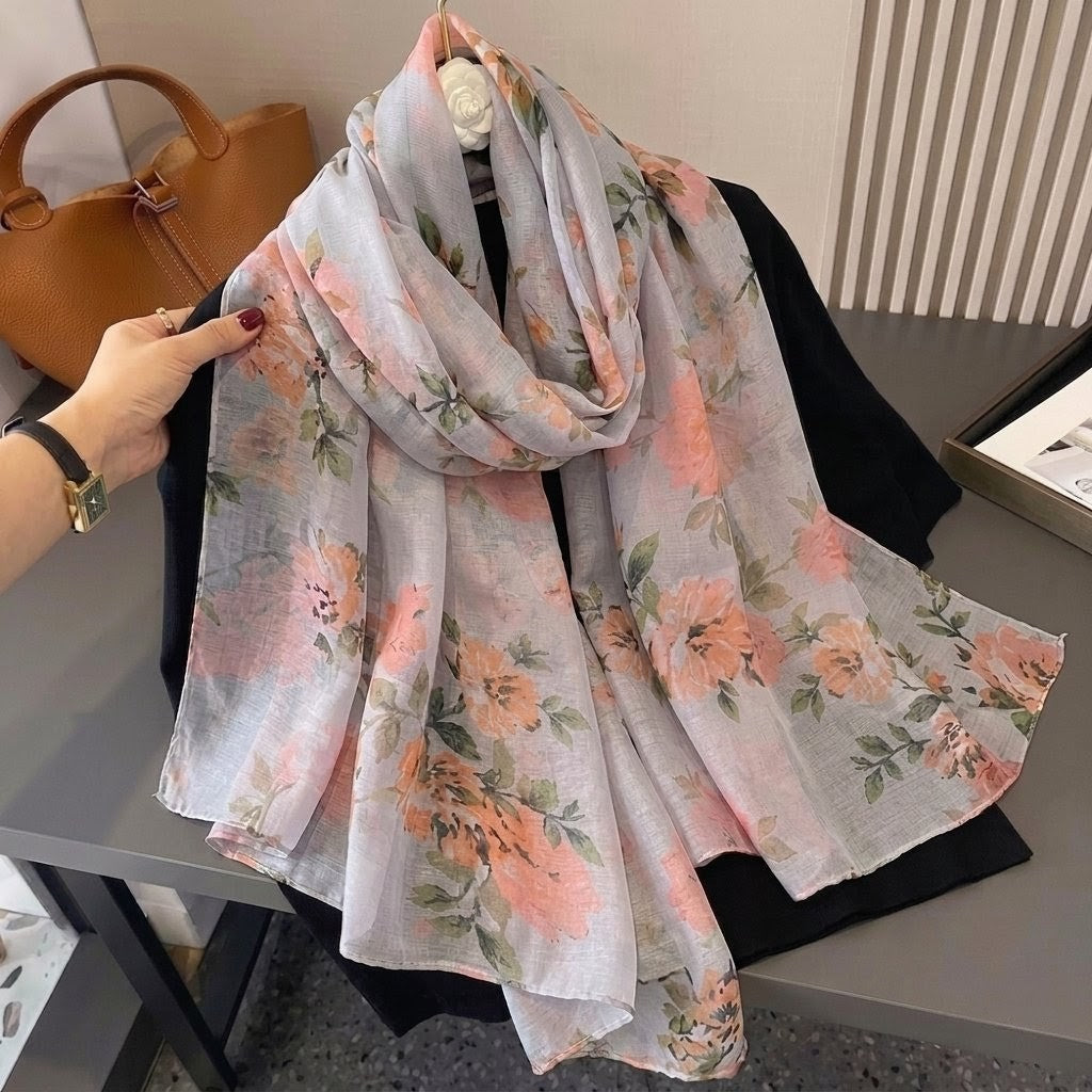 Sophisticated Peach Color Imported Floral Printed Summer Friendly Long Hijab / Orna