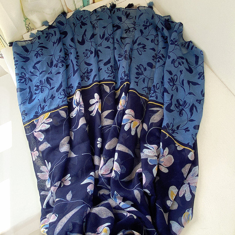 Blue black mixed floral printed tassel soft breathable long hijab / orna