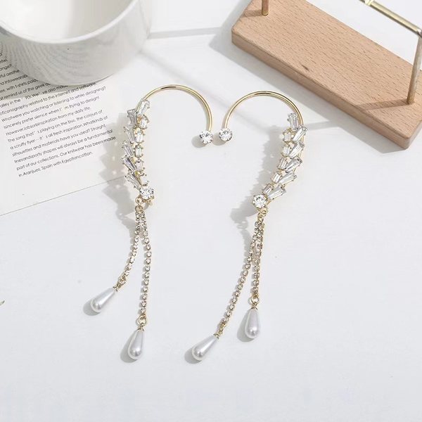 Stylish Leaves Pearl Crystal Golden Color Tassel Ear Cuff Without Piercing Clip Earrings Irregular Ear Clip ( 1 pair)