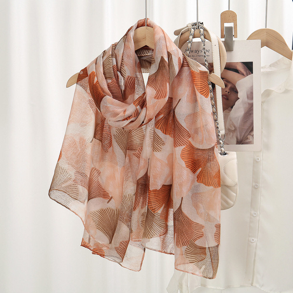 Stylish Orange Imported Gingko Leaf Printed Soft Summer Friendly Long Hijab / Orna