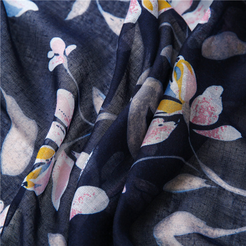 Blue black mixed floral printed tassel soft breathable long hijab / orna