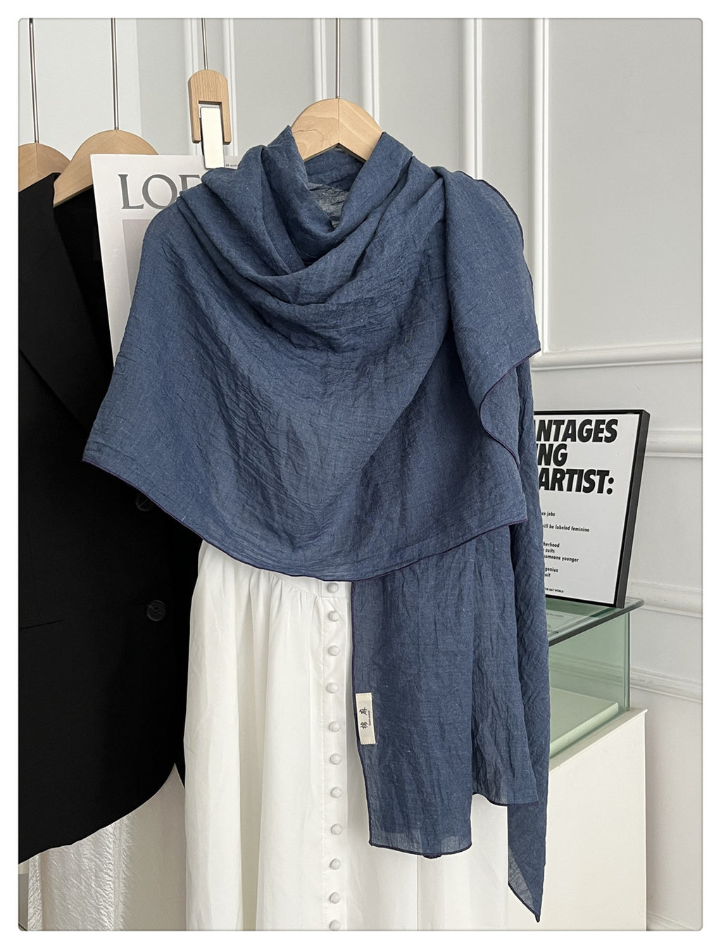 Elegant Denim Blue Japanese-Style Imported Summer Friendly Long Wrinkled Cotton Hijab / Orna